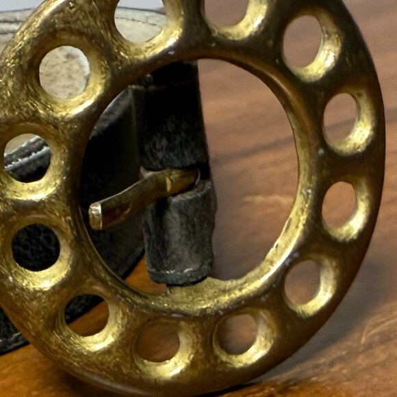 Vintage Hippy Black Belt, Brass Tone Buckle, Unisex - Picture 2 of 7